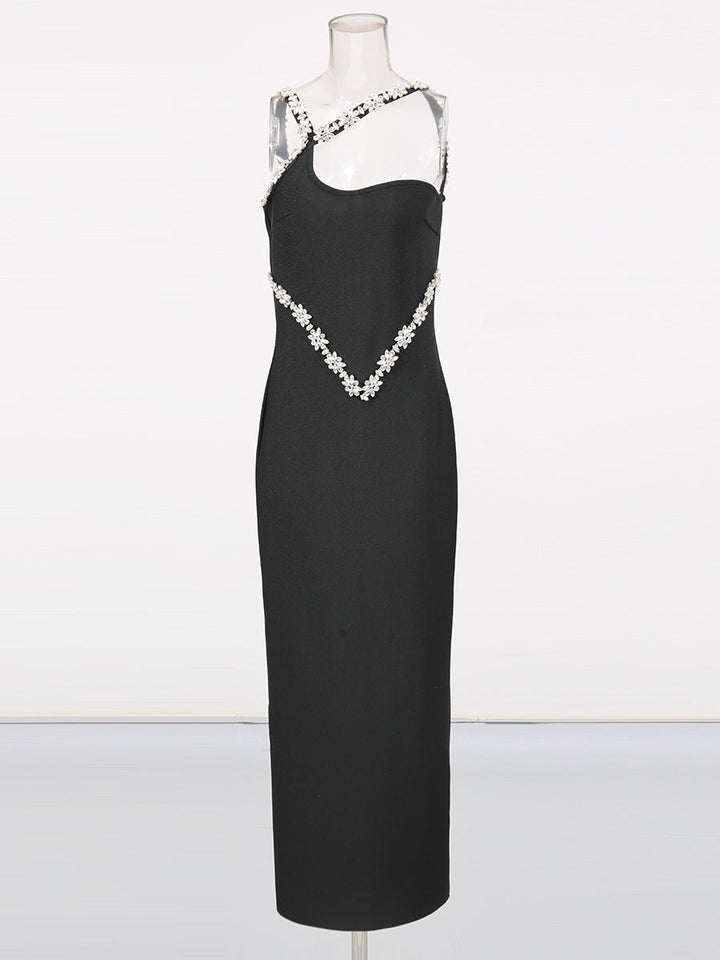 one-shoulder column maxi dress with crystal floral trim – NOIR