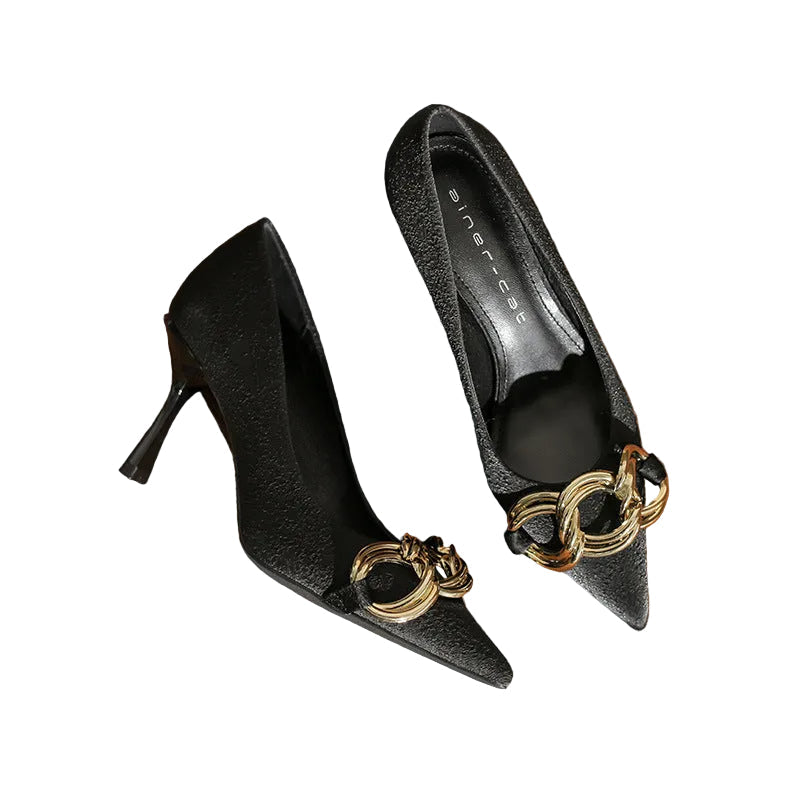 Elegant Black Pointed-Toe High Heels with Gold Chain Detail- CELESTE