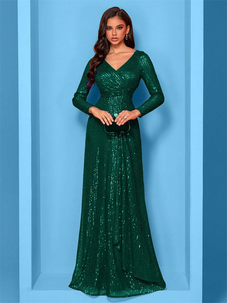 long-sleeve sequin wrap gown with draped detail – ODD- SERENA