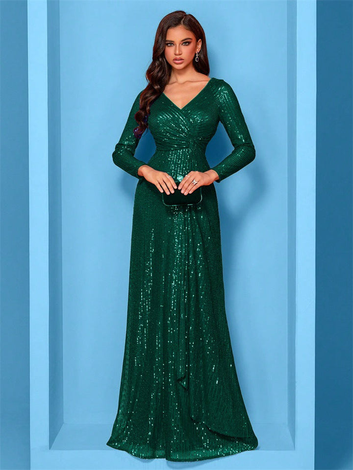 long-sleeve sequin wrap gown with draped detail – ODD- SERENA