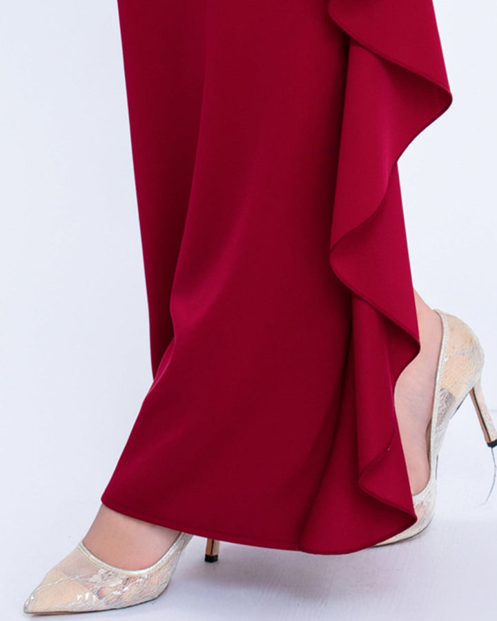 off-shoulder gown with feather trim and cascading ruffle – NOIRILU