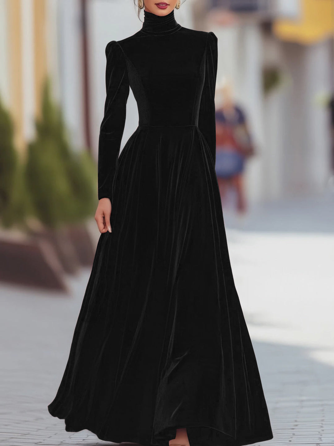 velvet high-neck maxi dress with fitted waist – ODD- MILYA