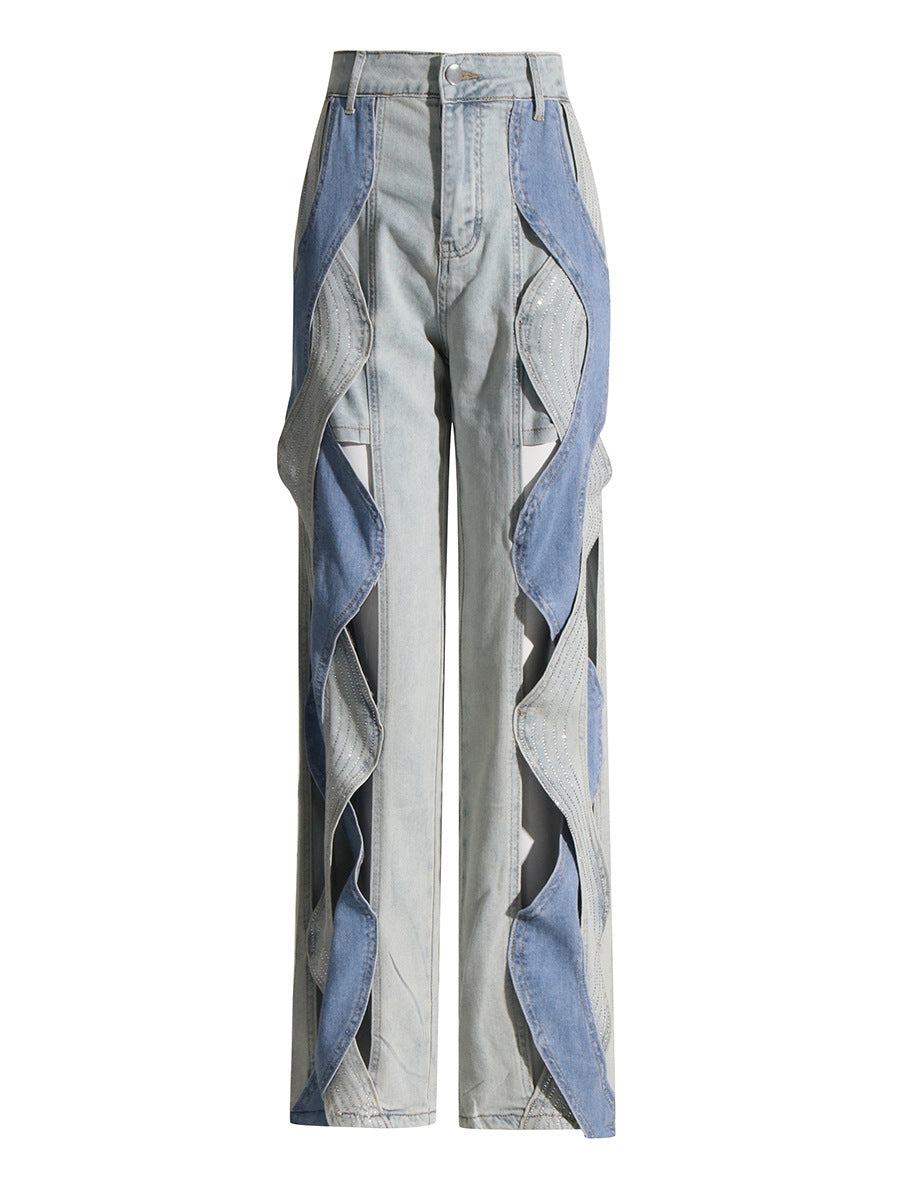 patchwork cut-out straight-leg jeans with layered wave panels – RHYTHM