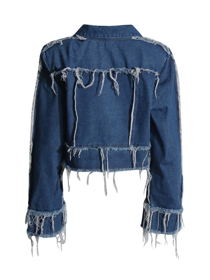cropped distressed denim jacket with raw fringe – ROGUE