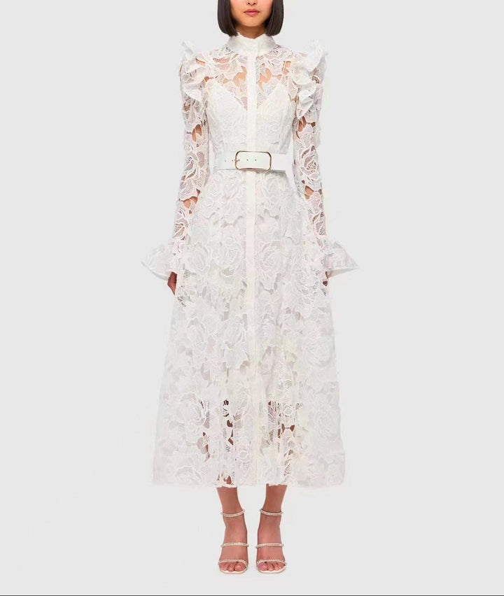 long-sleeve lace midi dress with ruffled shoulders – IVORIE