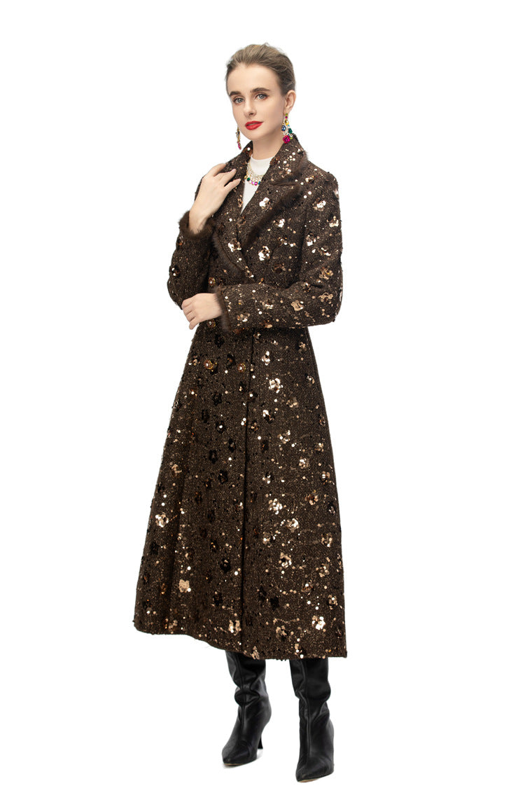 double breasted tweed long coat with metallic detailing – BRONZIA