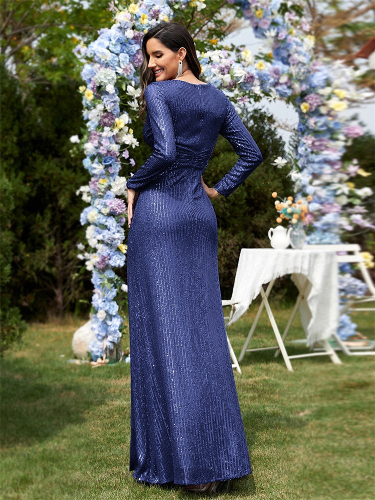 long-sleeve sequin wrap gown with draped detail – SERENA