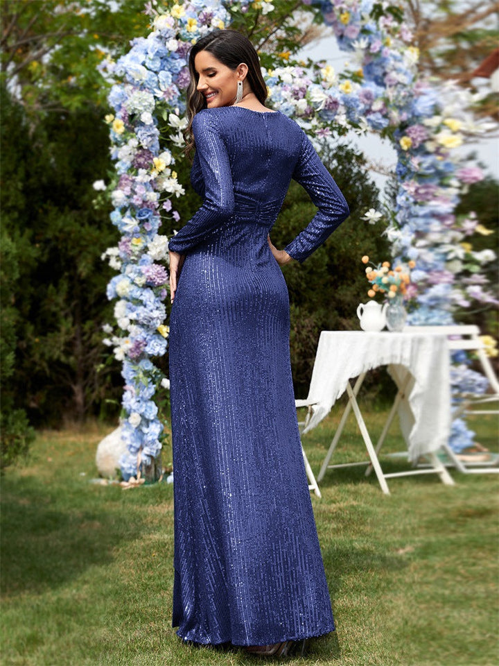 long-sleeve sequin wrap gown with draped detail – SERENA