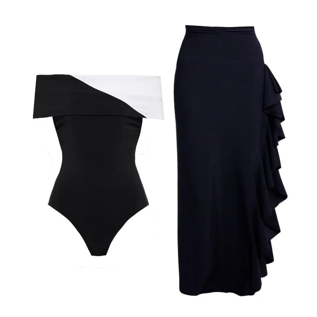 off-shoulder contrast fold swimsuit with ruffle maxi skirt – ELEGANCE