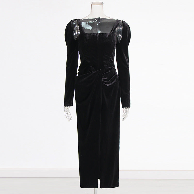 square-neck velvet midi dress with draped waist – ELEGANCE