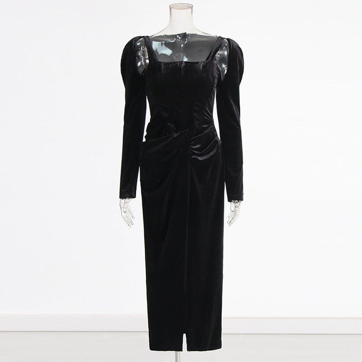 square-neck velvet midi dress with draped waist – ELEGANCE