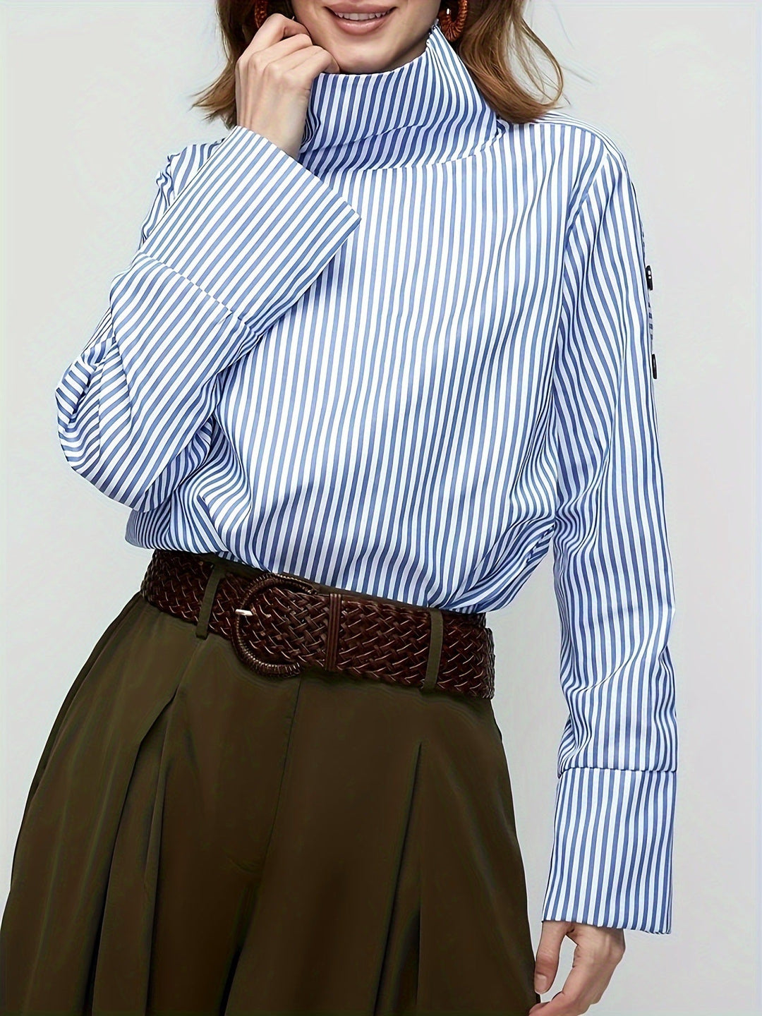 striped high-neck blouse with buttoned sleeves – ELENA