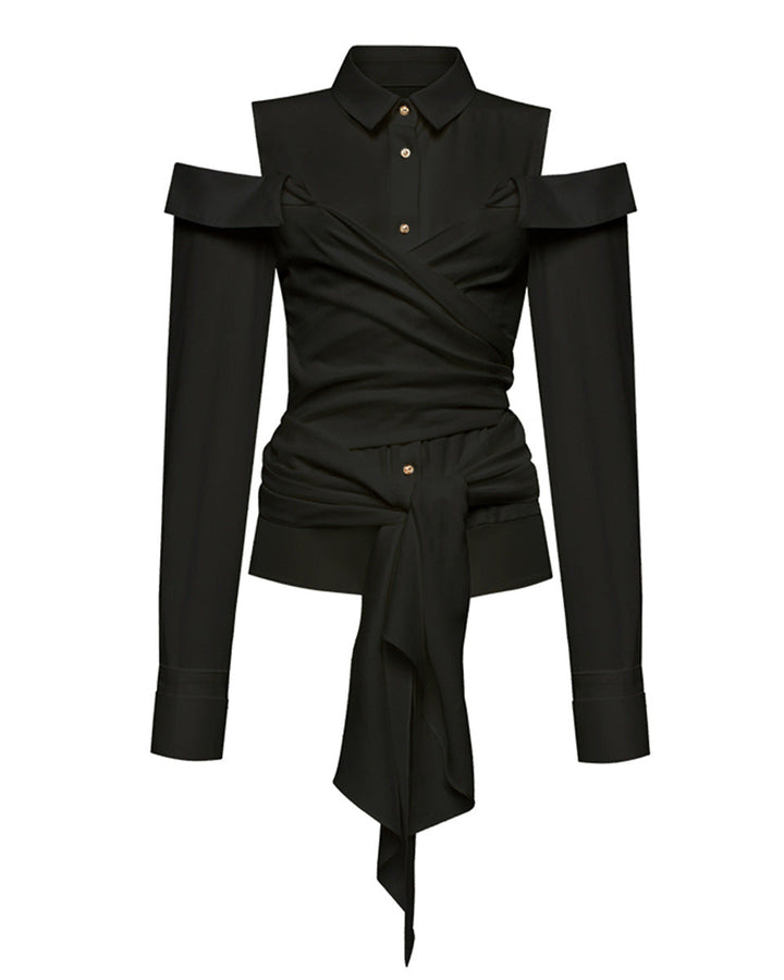 Off-Shoulder Buttoned Shirt with Waist Tie - ODD- Burti