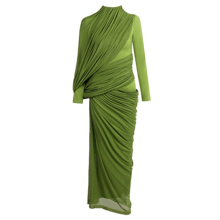 Olive Green Draped Asymmetric Midi Dress - VERDÉA