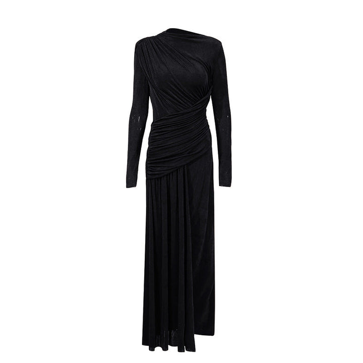 One-shoulder draped maxi dress with pleated panel – RUBY