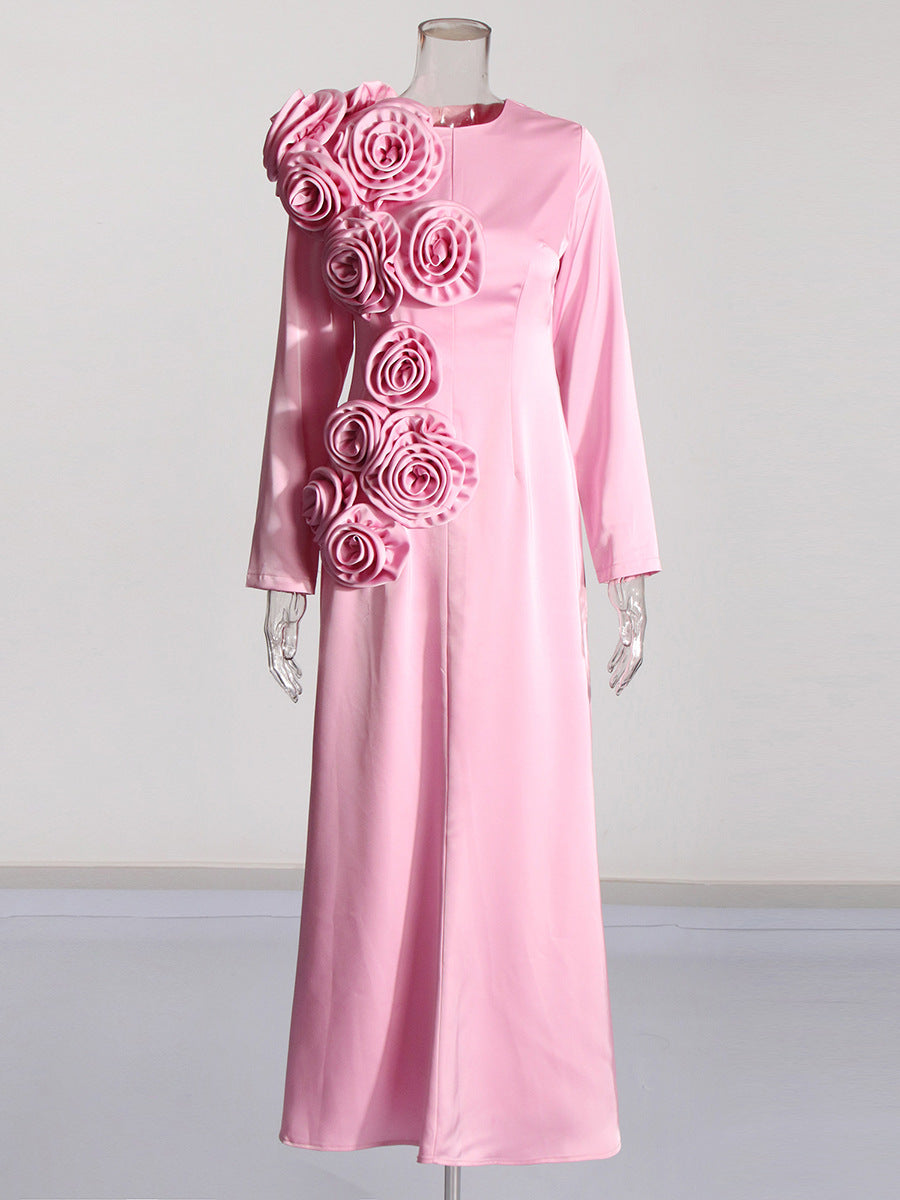long sleeve maxi dress with oversized 3D floral appliqué – ROSALIA