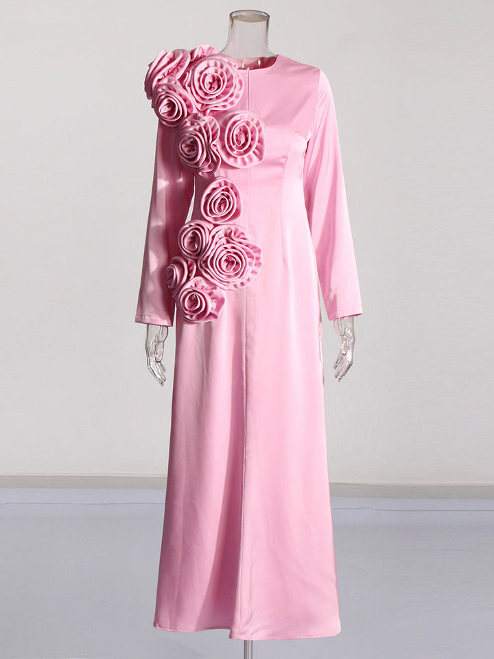 long sleeve maxi dress with oversized 3D floral appliqué – ROSALIA