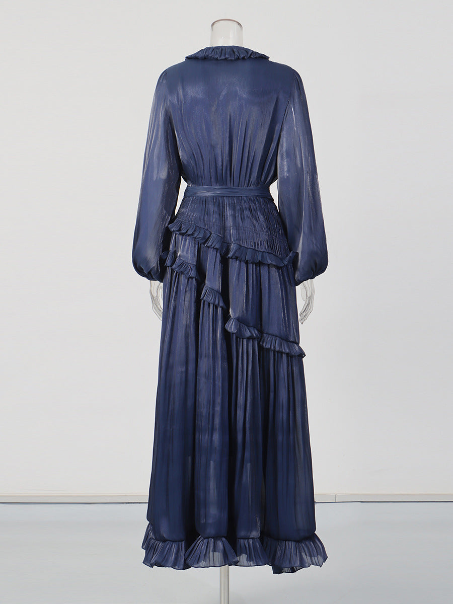 long sleeve chiffon ruffle maxi dress with waist tie – SERAPHINA