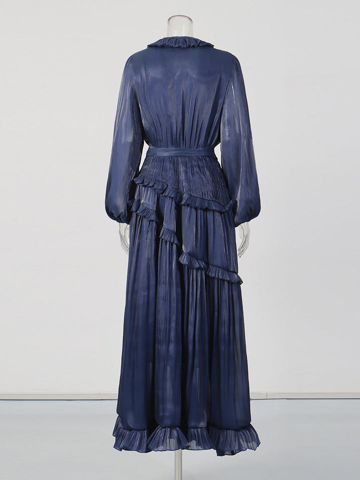 long sleeve chiffon ruffle maxi dress with waist tie – SERAPHINA