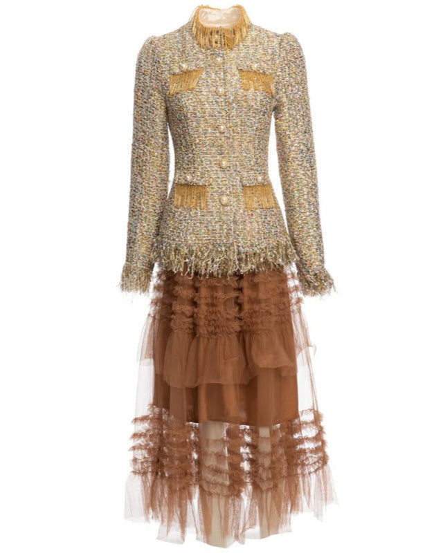 textured tweed suit with tulle midi skirt - AMIQTA
