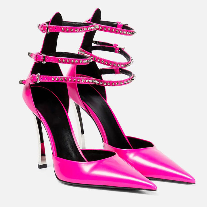 Studded Multi-Strap Pointed Toe Heels – FUCHSIA