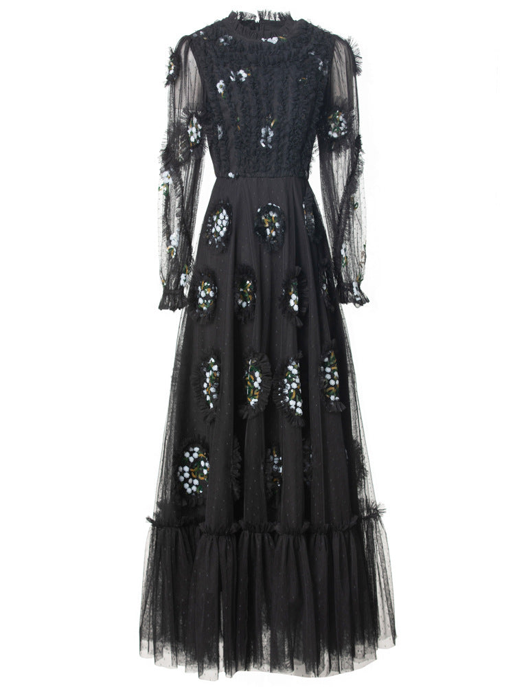 embellished tulle gown with sheer sleeves and crystal appliqués – MIDNIGHT