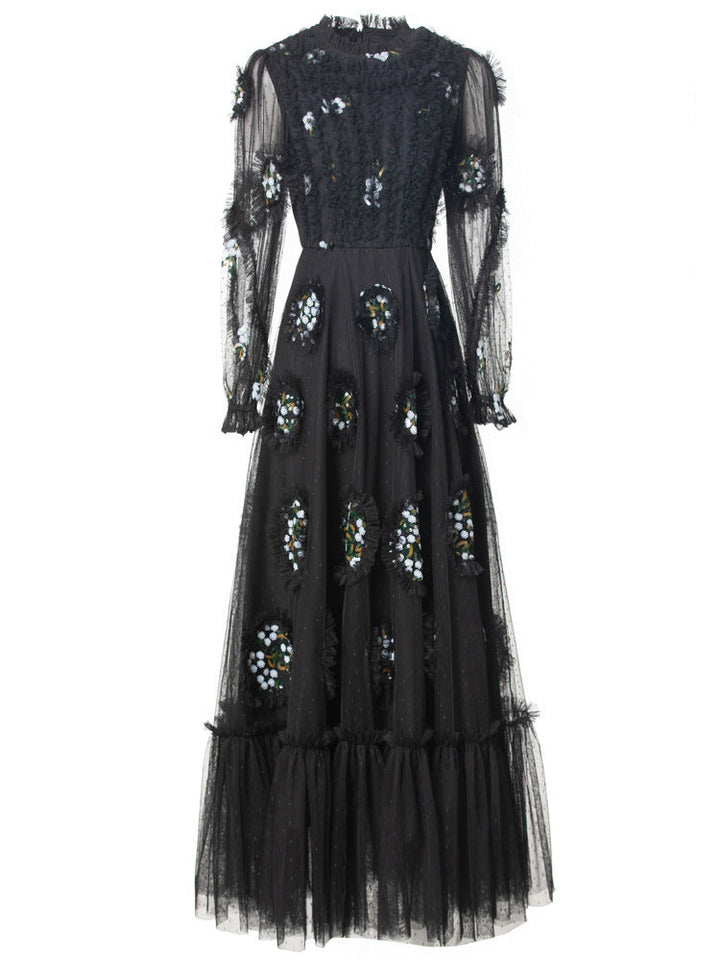 embellished tulle gown with sheer sleeves and crystal appliqués – MIDNIGHT