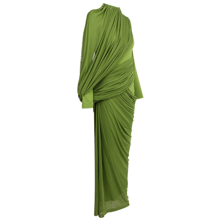 Olive Green Draped Asymmetric Midi Dress - VERDÉA