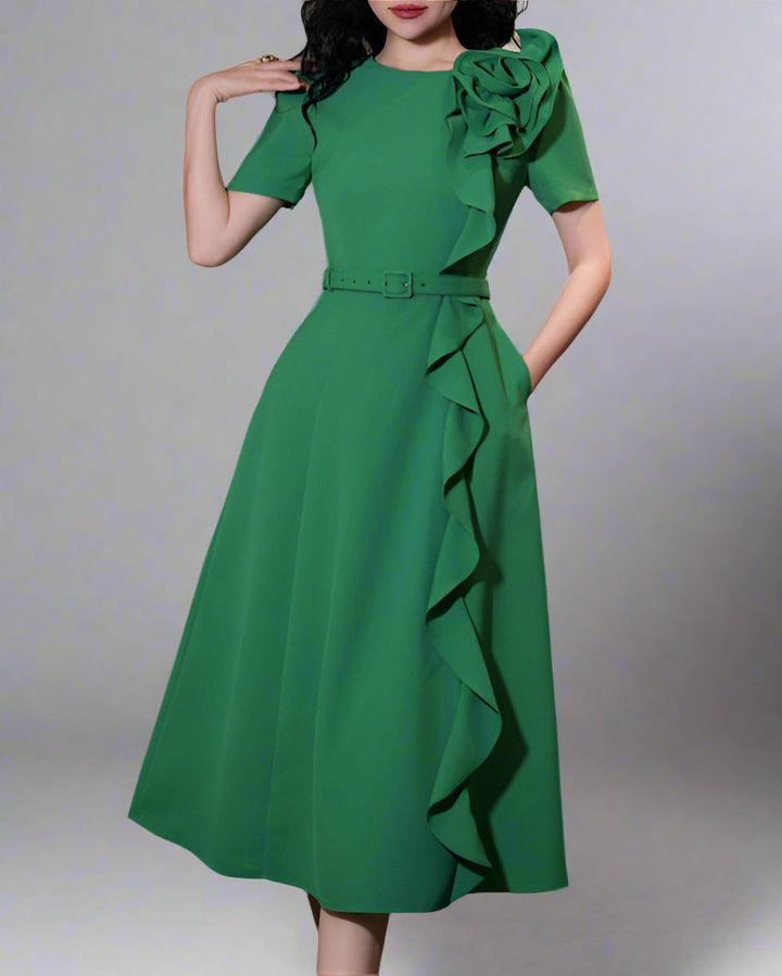 short-sleeve midi dress with 3D floral detail - CELINA