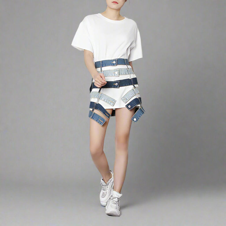 patchwork denim waist belt skirt - ODD- Talikha