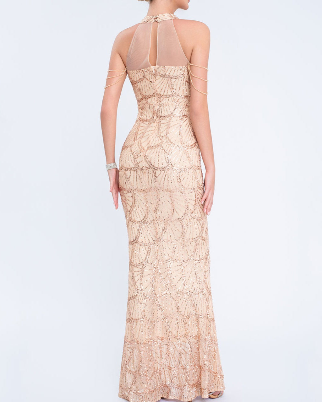 halter sequin mermaid gown with draped shoulder chains – AURORIAN