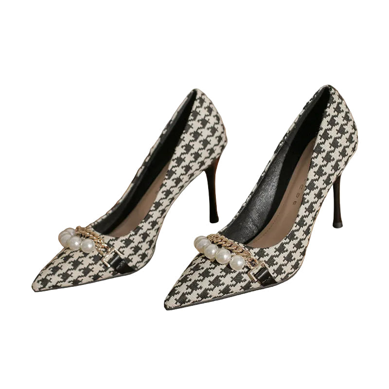 houndstooth pearl chain heels – PARIS