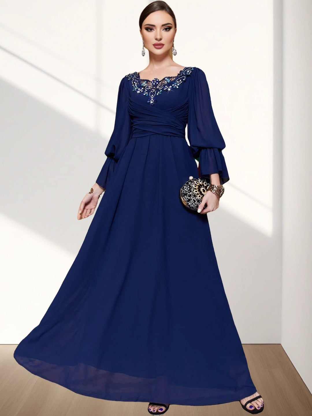 long sleeve A-line dress with embroidered neckline - AMANZIA