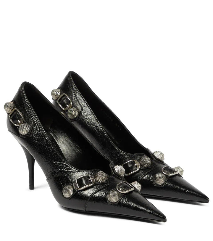 Studded Buckle Pointed Toe Stiletto Heels – BORDEAUX