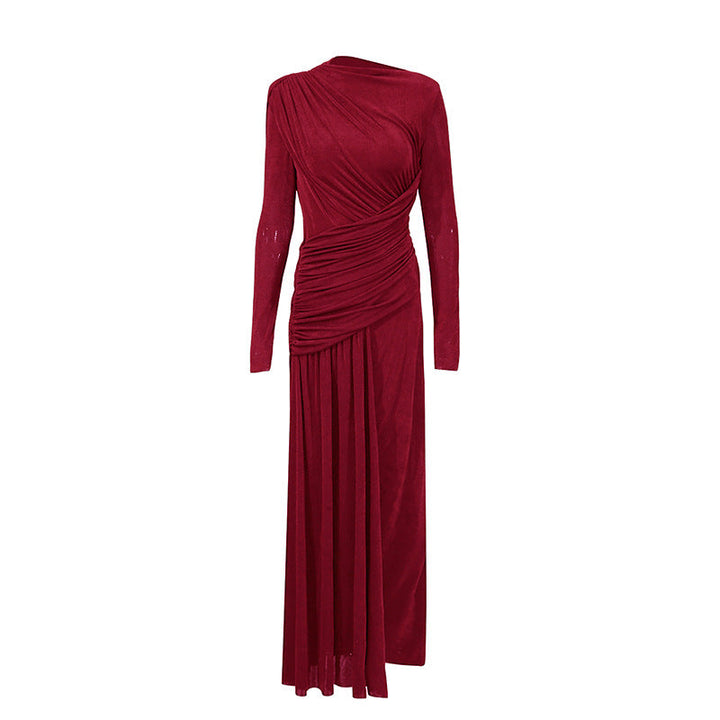 One-shoulder draped maxi dress with pleated panel – RUBY
