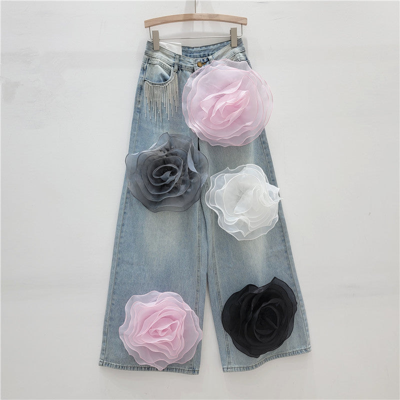 wide-leg denim pants with oversized organza floral appliqué – BLOSSOM