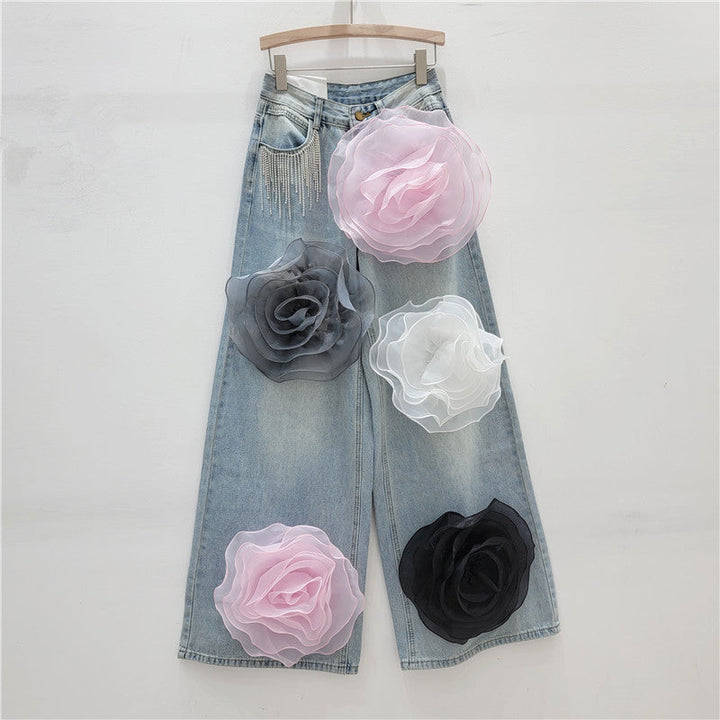 wide-leg denim pants with oversized organza floral appliqué – BLOSSOM