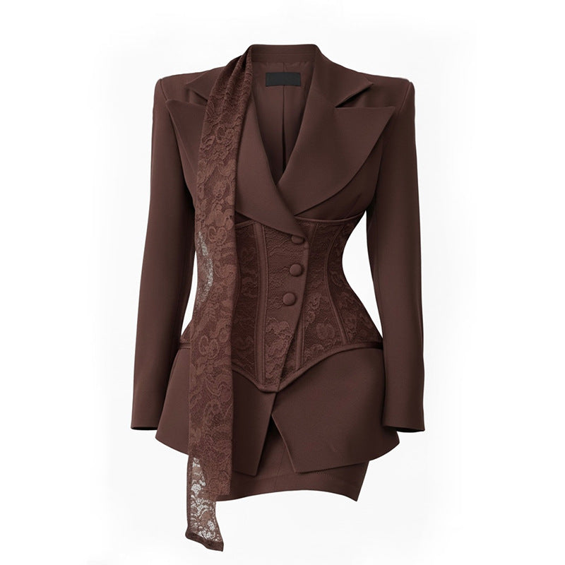 Chocolate Brown Lace Corset Blazer-ELAMO