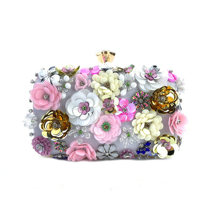 Floral Embellished Box Clutch with Gold Accents - Hilu