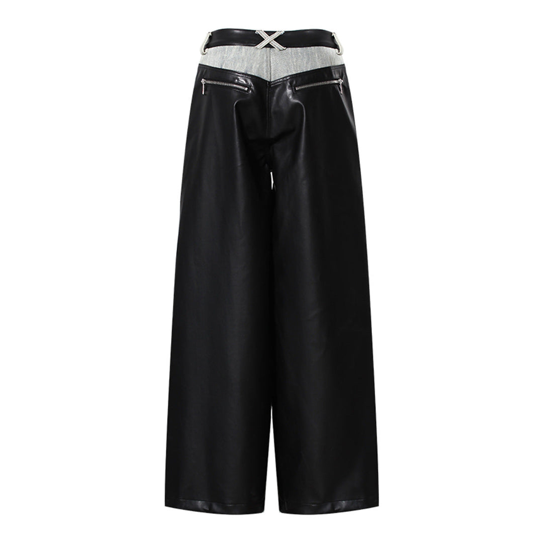 two-tone wide-leg denim pants with faux leather panels – NOIR