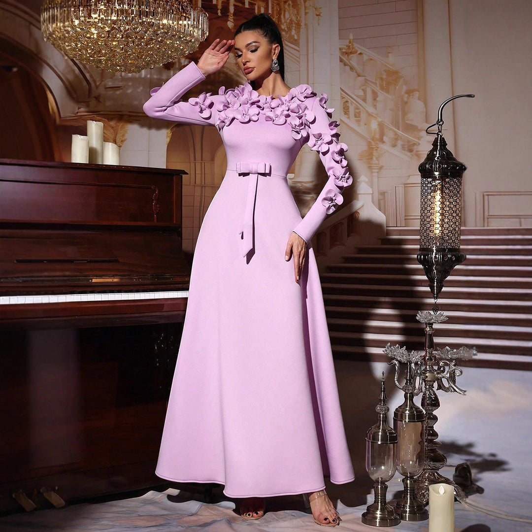 long-sleeve gown with 3D floral appliqués and belted waist – AMARA