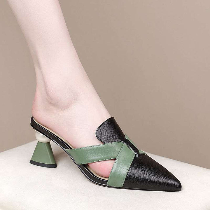 pointed leather mules with green cross straps and flared heels – ODD- VERONA