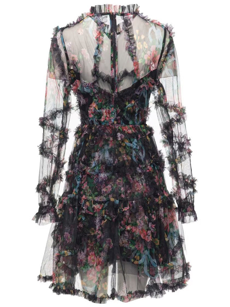 floral ruffle mini dress with sheer long sleeves – WHISPER