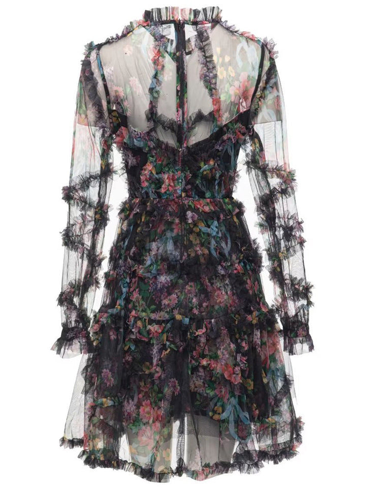 floral ruffle mini dress with sheer long sleeves – WHISPER