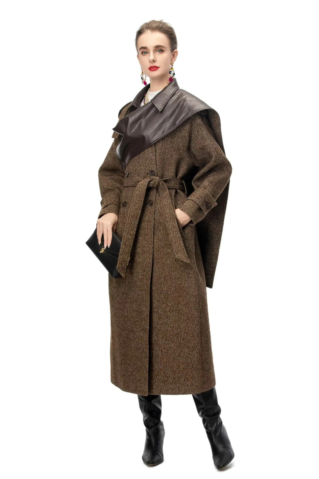 belted wool blend long coat with classic lapel – BRUNELLA