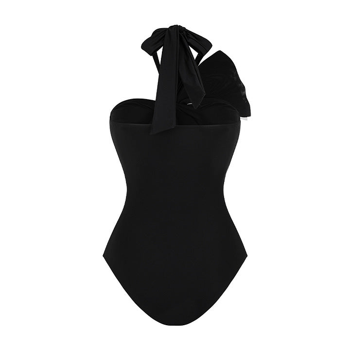 halter bow-detail swimsuit with draped wrap skirt – MUSE