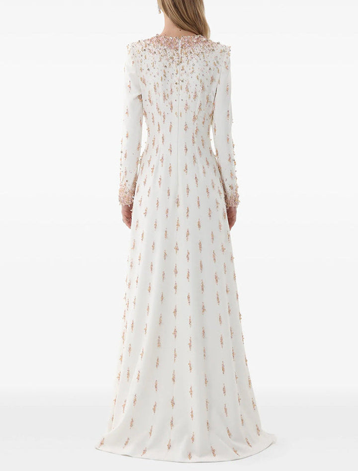 long-sleeve embellished gown with sequin gradient neckline - AMARA