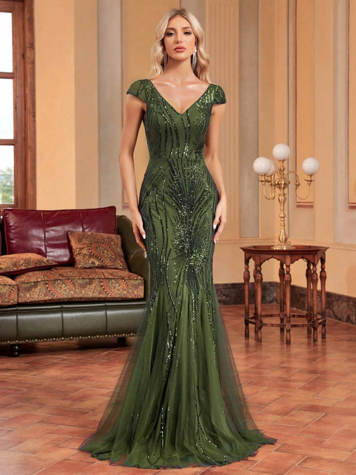 v-neck sequin mermaid dress with cap sleeves – ELIORA
