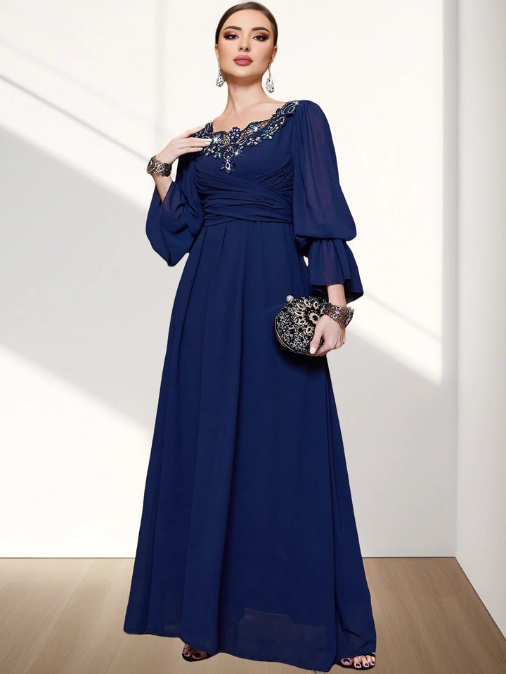 long sleeve A-line dress with embroidered neckline - AMANZIA