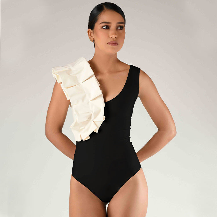 one-shoulder ruffle swimsuit with polka dot draped sarong – REMA